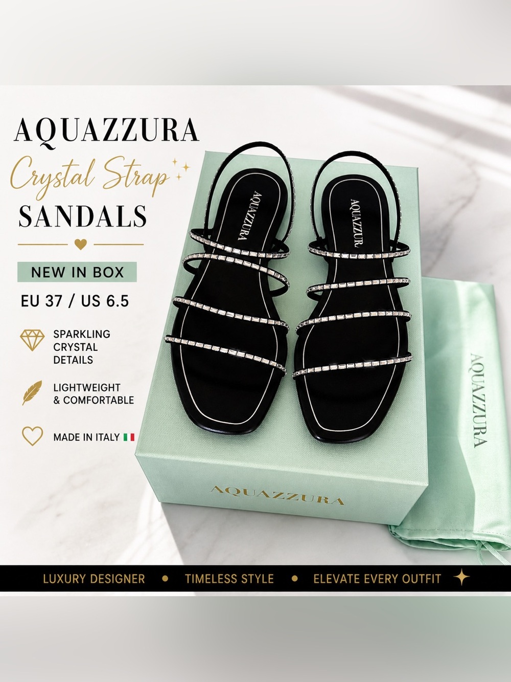 NIB Aquazzura Black Crystal Strappy Flat
Sandals Rhinestone Slingback Size 37